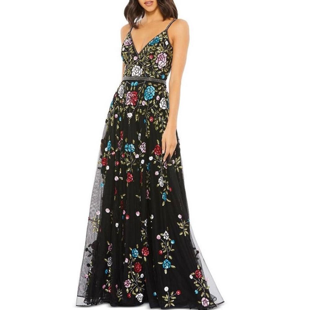 Mac Duggal Black Floral Embroidered Maxi Dress with Multicolor Blooms